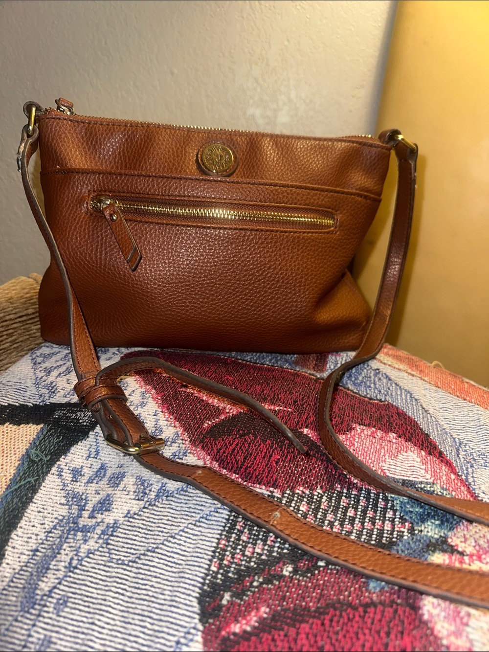 Anne Klein Cognac Pebbled Leather Crossbody with Gold Accents